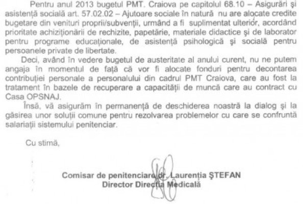 Angajaţii Penitenciarului de Minori şi Tineri Craiova solicită decontarea facturilor emise de Sanatoriul Techirghiol-vezi document